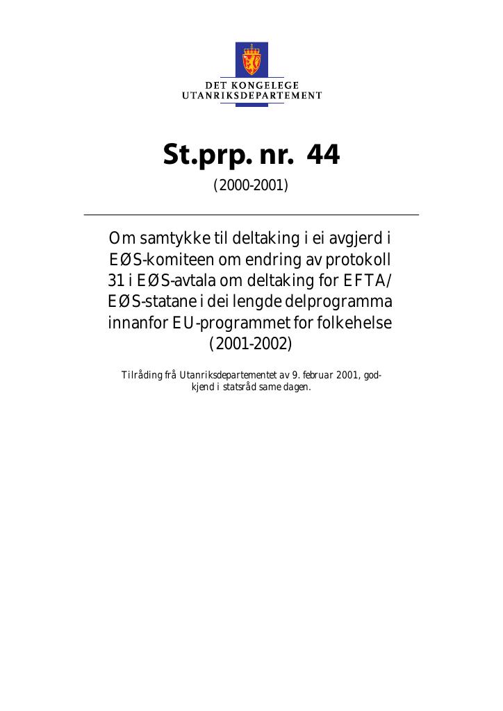 Forsiden av dokumentet St.prp. nr. 44 (2000-2001)