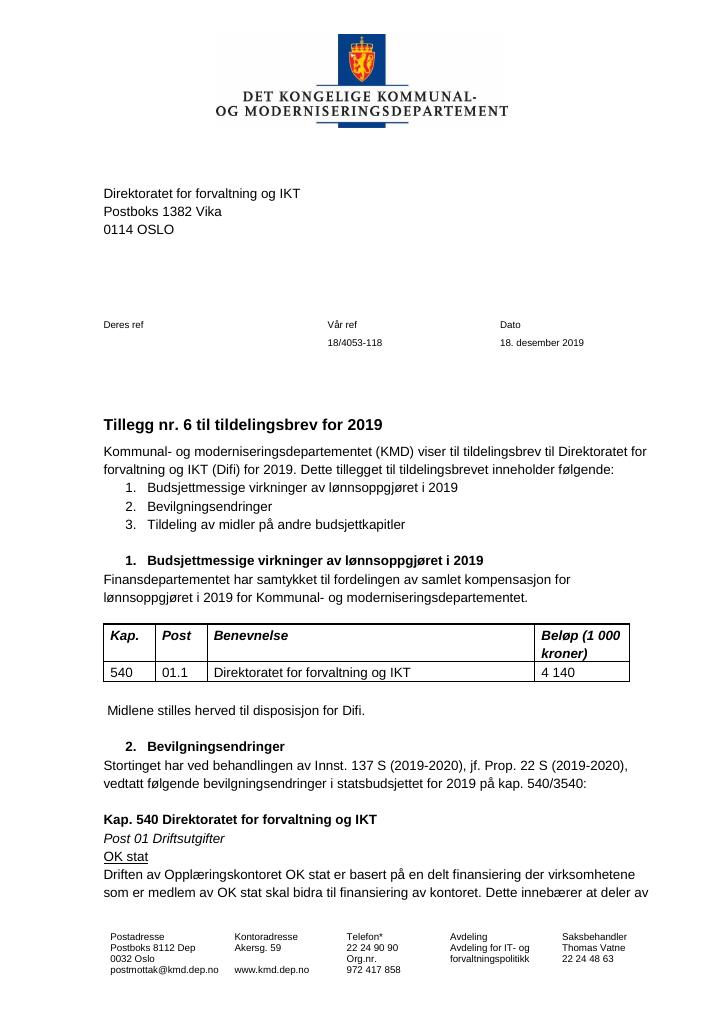 Forsiden av dokumentet Tildelingsbrev Direktoratet for forvaltning og IKT 2019 - tillegg nr. 6