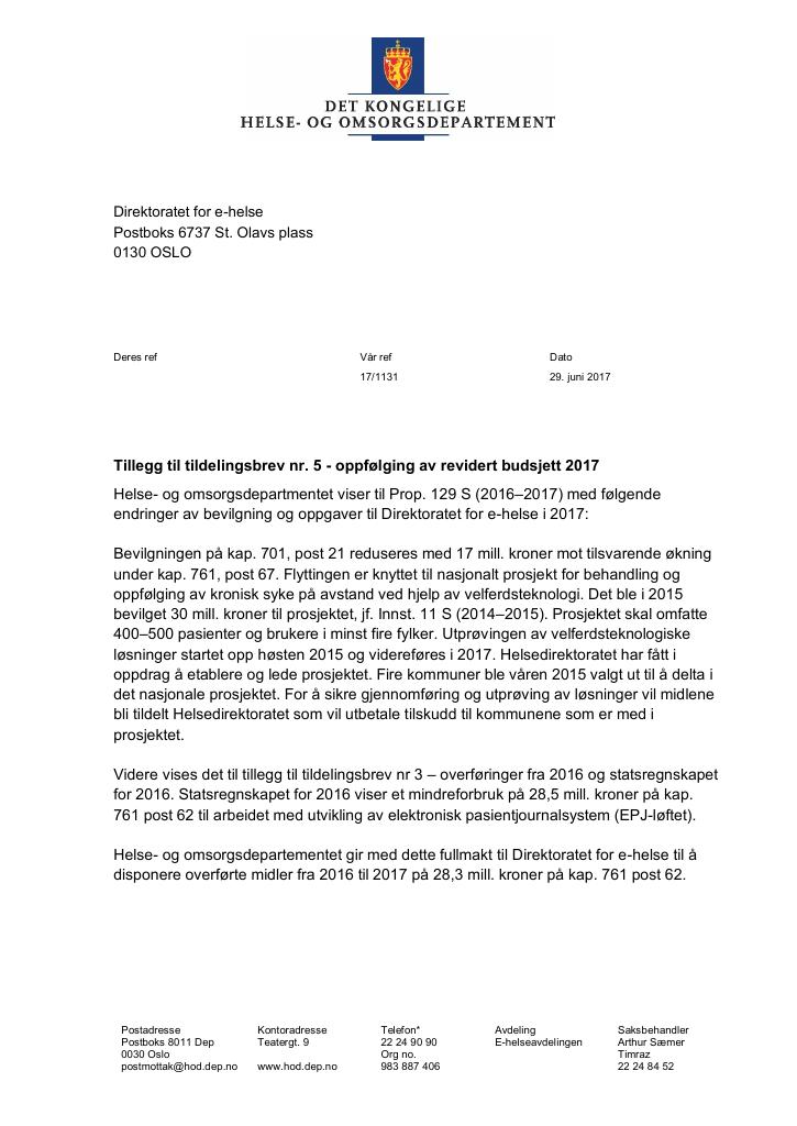 Forsiden av dokumentet Tildelingsbrev Direktoratet for e-helse 2022 - tillegg nr. 5
