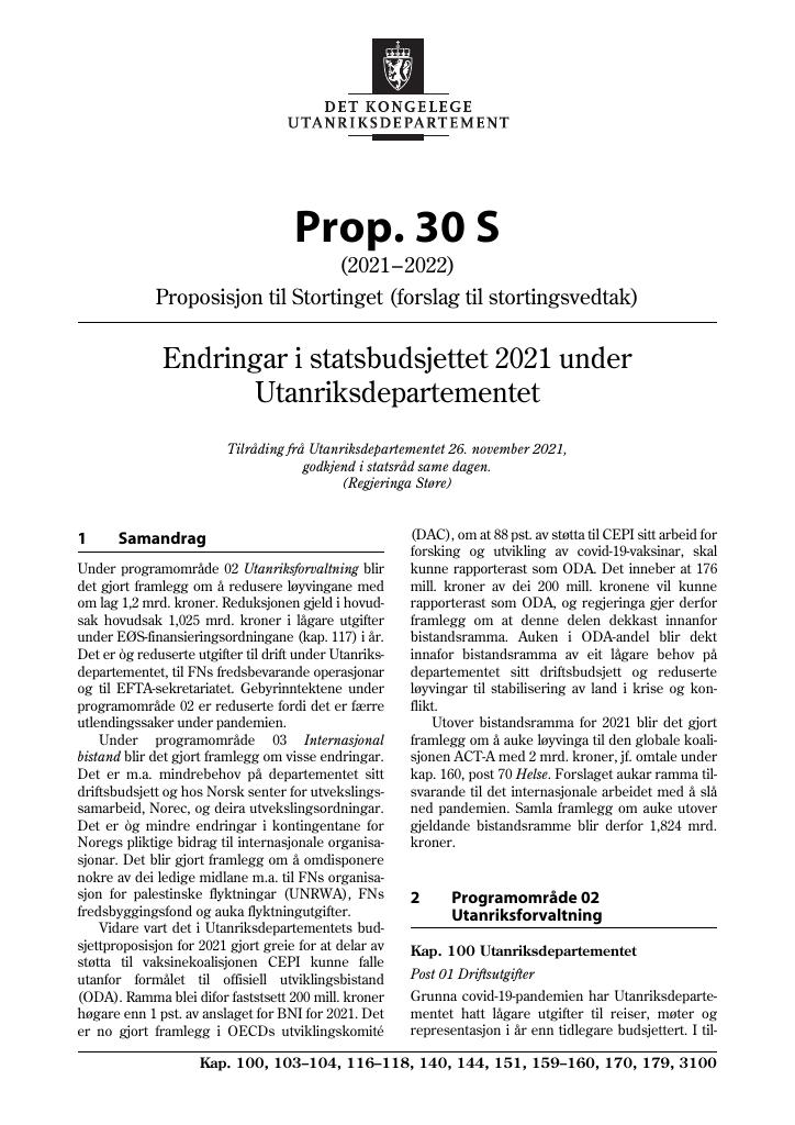 Forsiden av dokumentet Prop. 30 S (2021–2022)