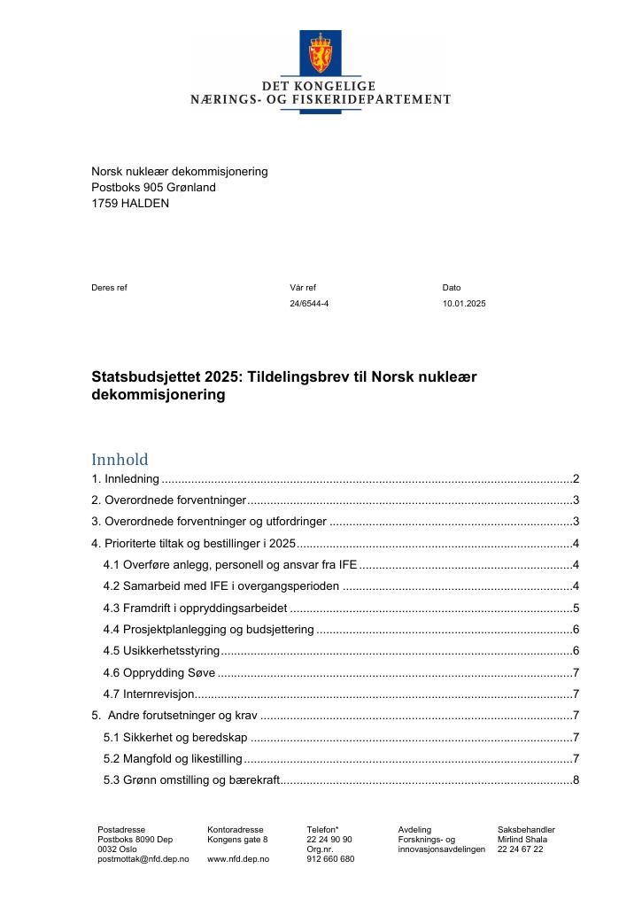 Forsiden av dokumentet Tildelingsbrev Norsk nukleær dekommisjonering 2025