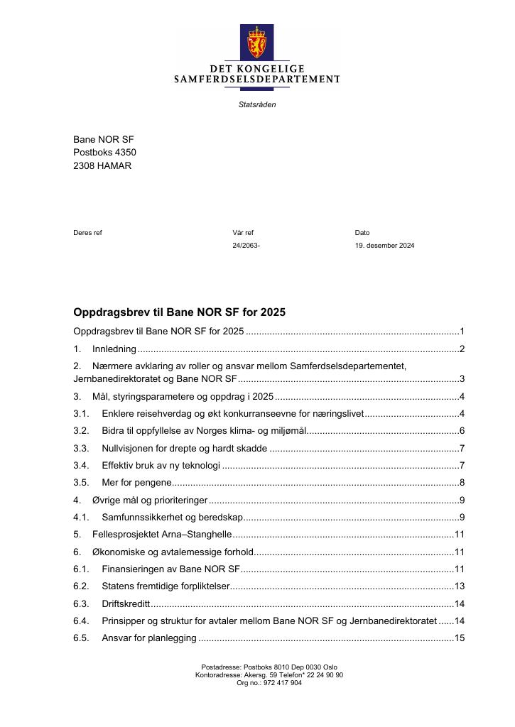 Forsiden av dokumentet Oppdragsbrev Bane NOR 2025