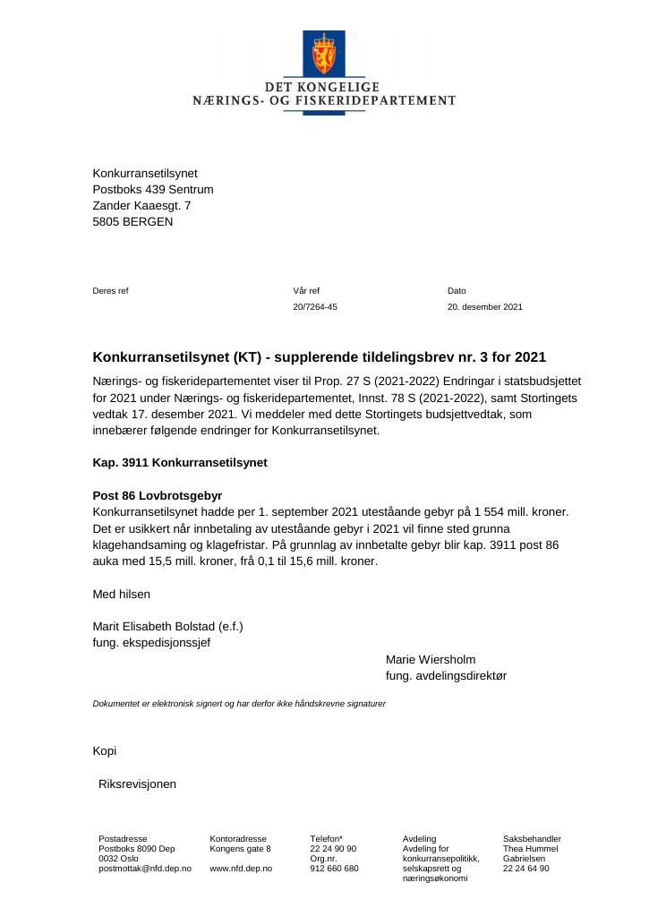 Forsiden av dokumentet Tildelingsbrev Konkurransetilsynet 2021 - tillegg nr. 3