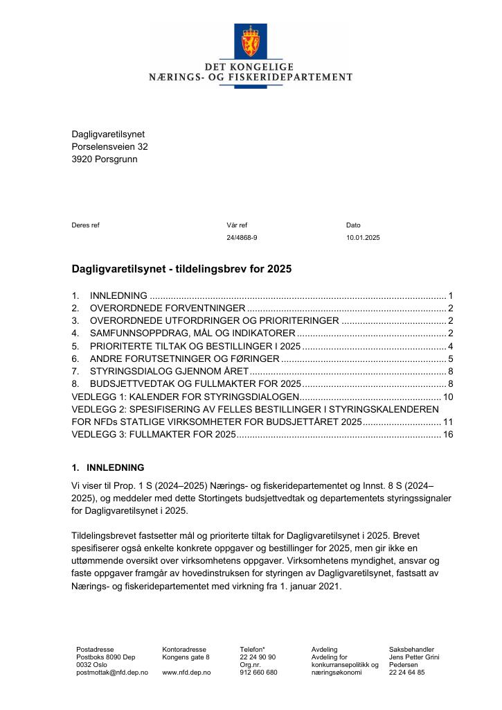 Forsiden av dokumentet Tildelingsbrev Dagligvaretilsynet 2025