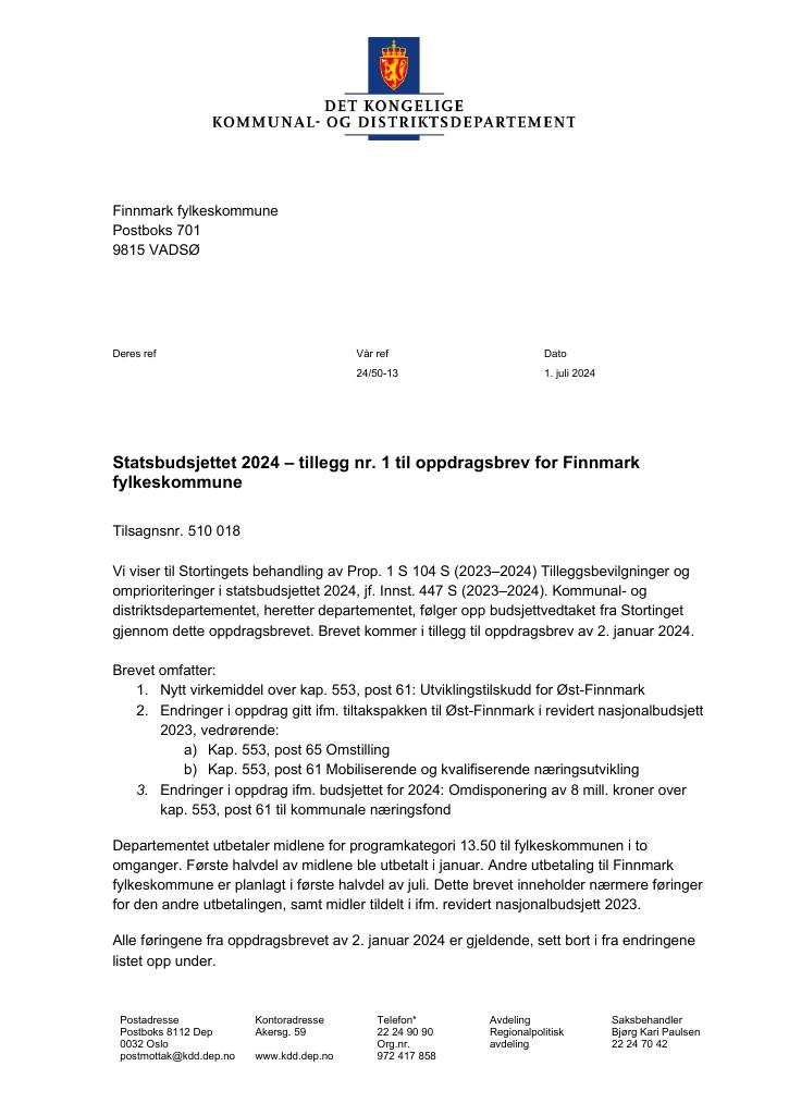 Forsiden av dokumentet Tildelingsbrev Fylkeskommunene 2024 - tillegg nr. 1