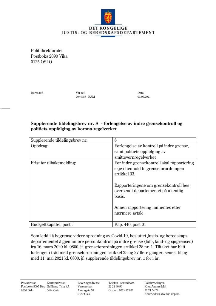 Forsiden av dokumentet Supplerende tildelingsbrev nr 8 2021 (PDF)