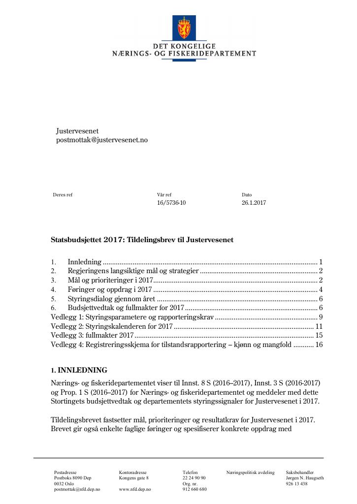 Forsiden av dokumentet Tildelingsbrev