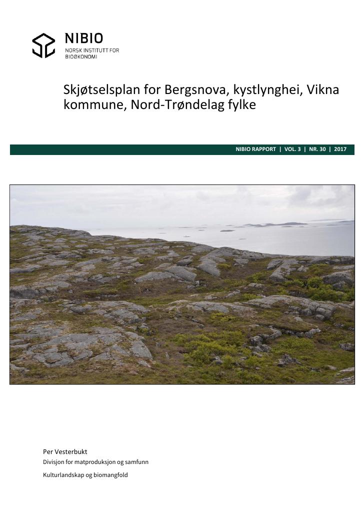 Forsiden av dokumentet Skjøtselsplan for Bergsnova, kystlynghei, Vikna kommune, Nord-Trøndelag fylke.