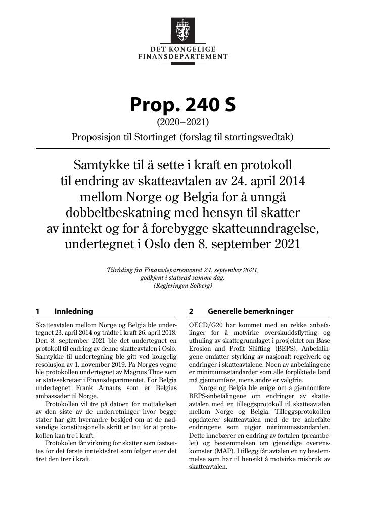 Forsiden av dokumentet Prop. 240 S (2020–2021)