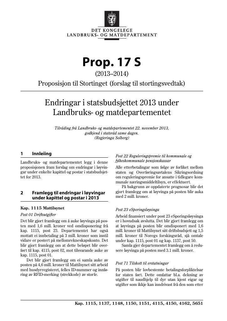 Forsiden av dokumentet Prop. 17 S (2013–2014)