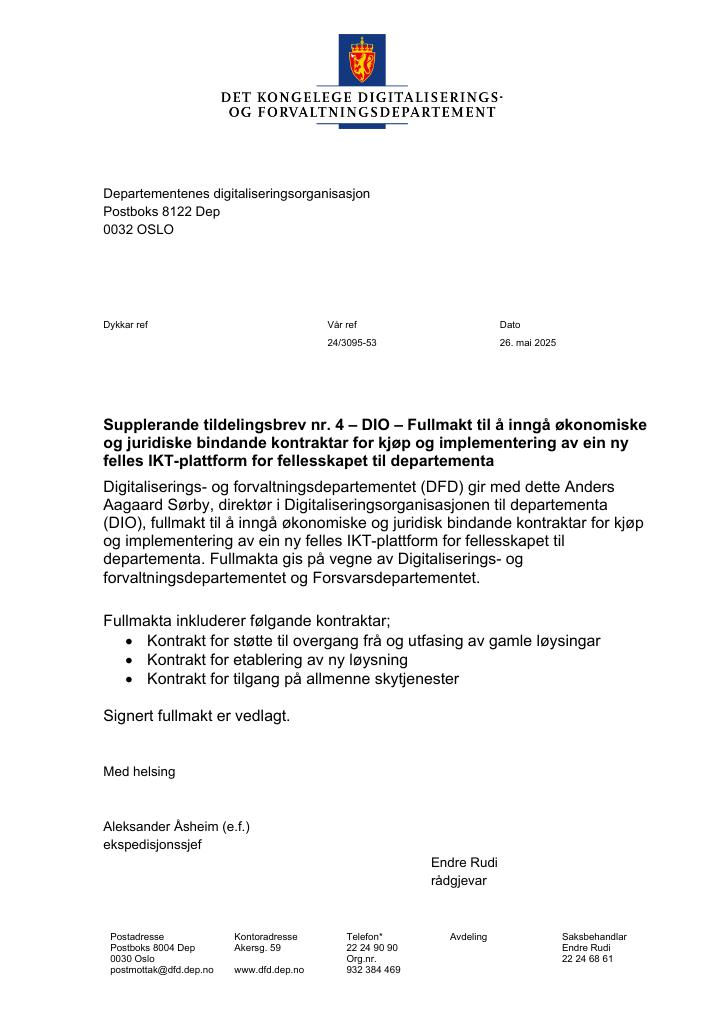 Forsiden av dokumentet Tildelingsbrev Departementenes digitaliseringsorganisasjon 2025 - tillegg nr. 4