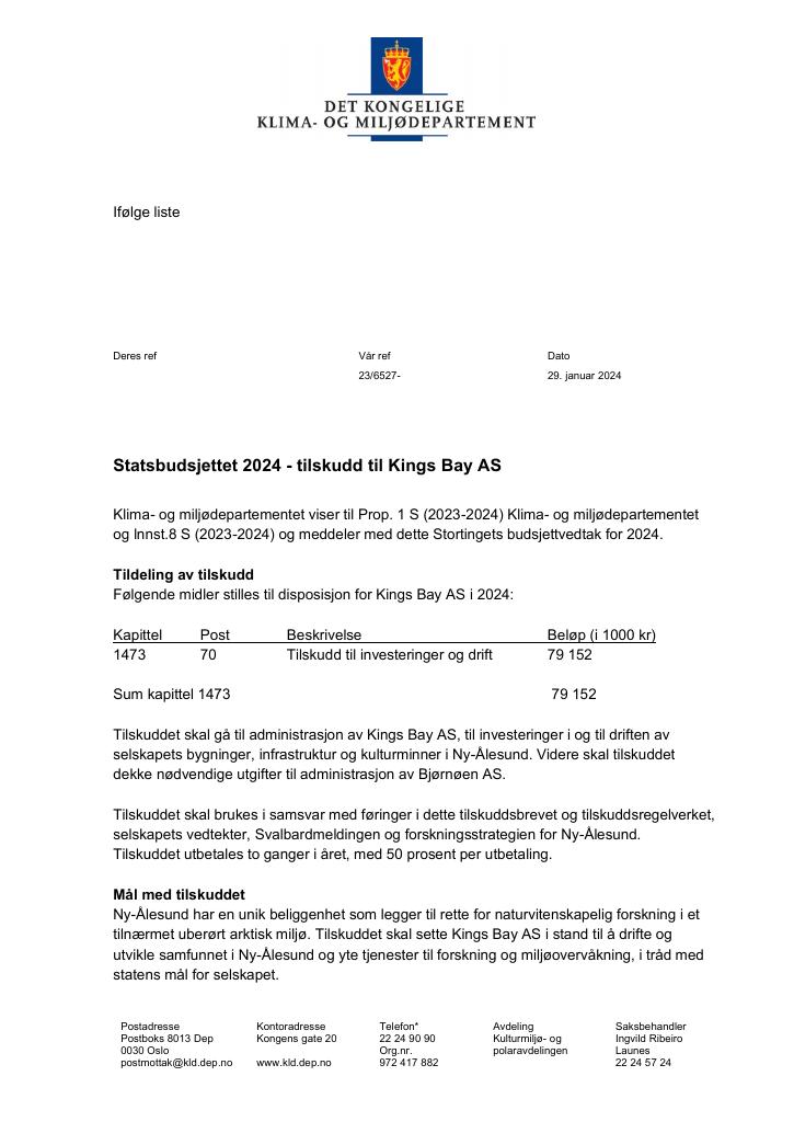 Forsiden av dokumentet Statsbudsjettet 2024 - tilskudd til Kings Bay AS