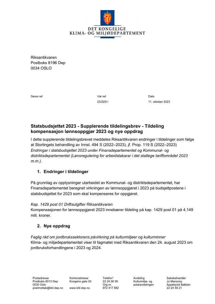 Forsiden av dokumentet Supplerende tildelingsbrev 11.10.2023