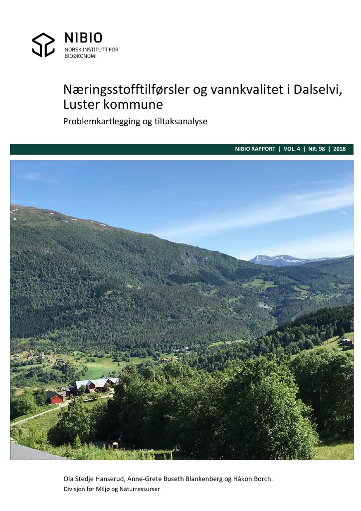 Forsiden av dokumentet Næringsstofftilførsel og vannkvalitet i Dalselvi, Luster kommune : problemkartlegging og tiltaksanalyse