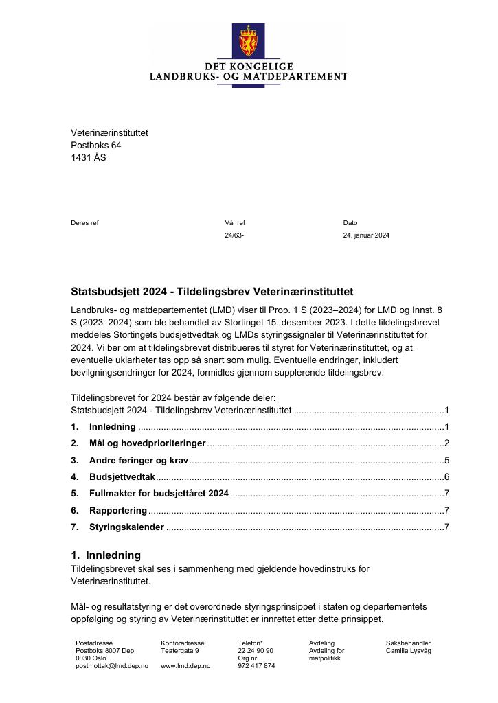 Forsiden av dokumentet Tildelingsbrev Veterinærinstituttet - VI 2024