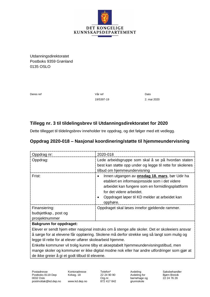 Forsiden av dokumentet Tildelingsbrev Utdanningsdirektoratet 2020 - tillegg nr. 3