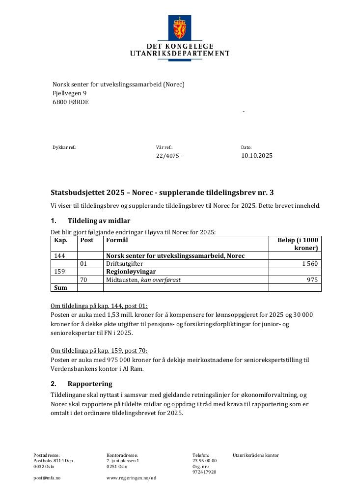Forsiden av dokumentet Tildelingsbrev Norec 2025 - tillegg nr. 3