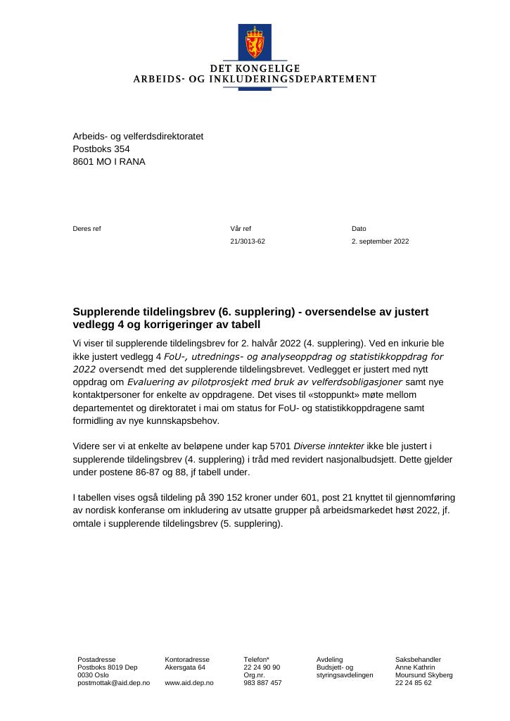 Forsiden av dokumentet Tildelingsbrev Arbeids- og velferdsdirektoratet 2022 - tillegg nr. 6