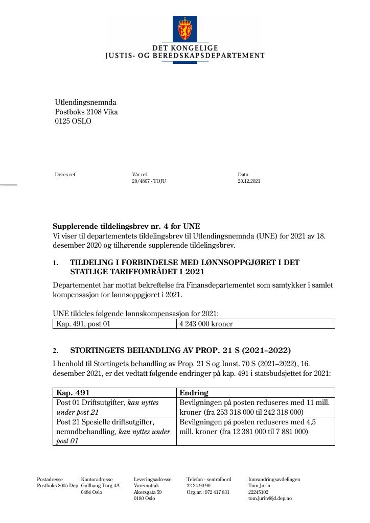 Forsiden av dokumentet Tildelingsbrev Utlendingsnemnda 2021 - tillegg nr. 4