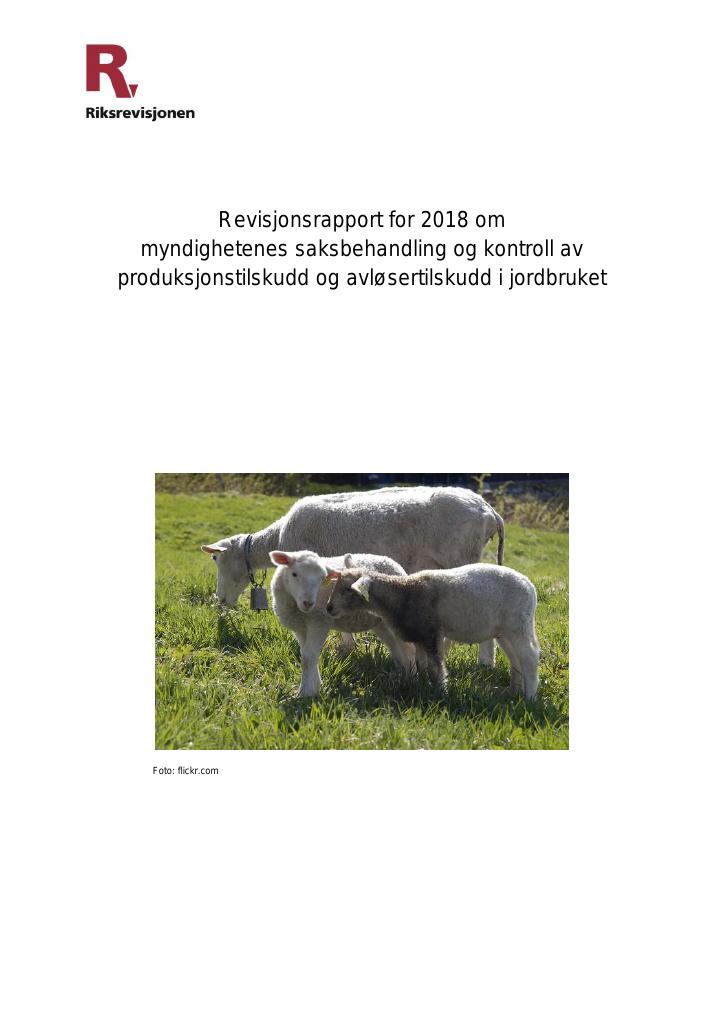 Forsiden av dokumentet Revisjonsrapport for 2018 om myndighetenes saksbehandling og kontroll av produksjonstilskudd og avløsertilskudd i jordbruket
