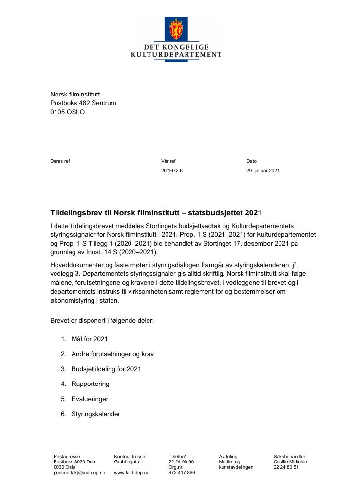 Forsiden av dokumentet Tildelingsbrev Norsk filminstitutt 2021