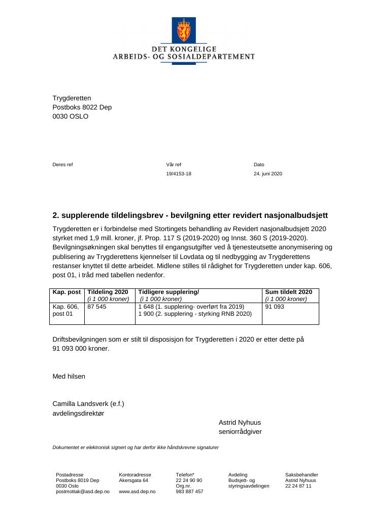 Forsiden av dokumentet Supplerende tildelingsbrev Trygderetten 2020 - nr. 2