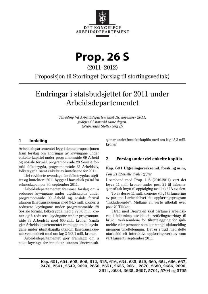 Forsiden av dokumentet Prop. 26 S (2011–2012)