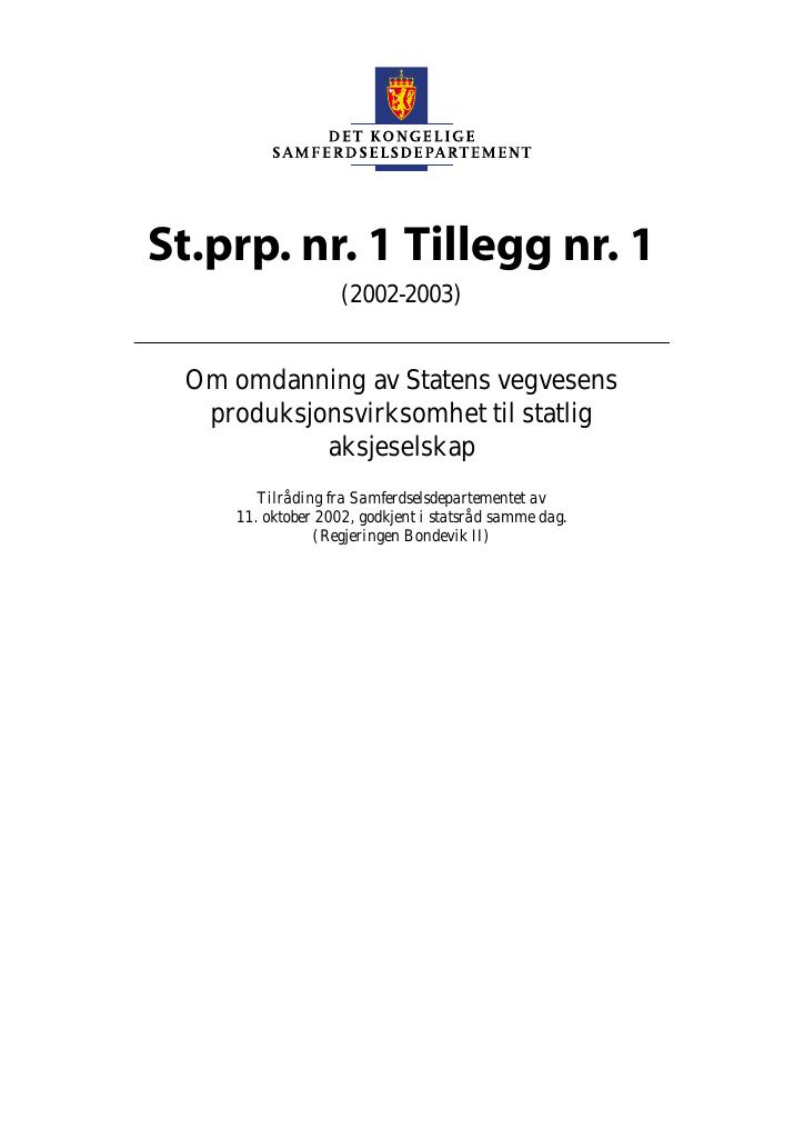 Forsiden av dokumentet St.prp nr. 1 Tillegg nr. 1 (2002-2003)