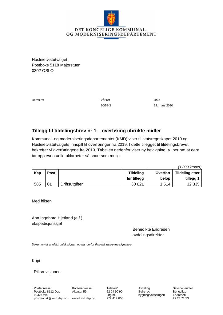Forsiden av dokumentet Tillegg nr 1 til tildelingsbrev HTU 2020 (pdf)