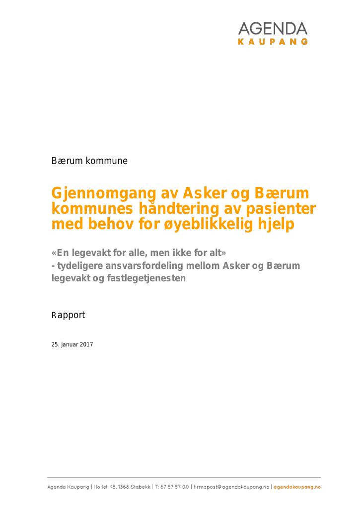 Forsiden av dokumentet Gjennomgang av Asker og Bærum kommunes håndtering av pasienter med behov for øyeblikkelig hjelp