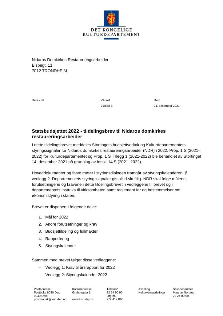 Forsiden av dokumentet Tildelingsbrev Nidaros domkirkes restaureringsarbeider 2022