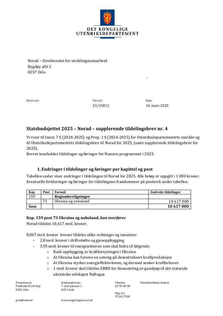 Forsiden av dokumentet Tildelingsbrev Norad 2025 - tillegg nr. 4