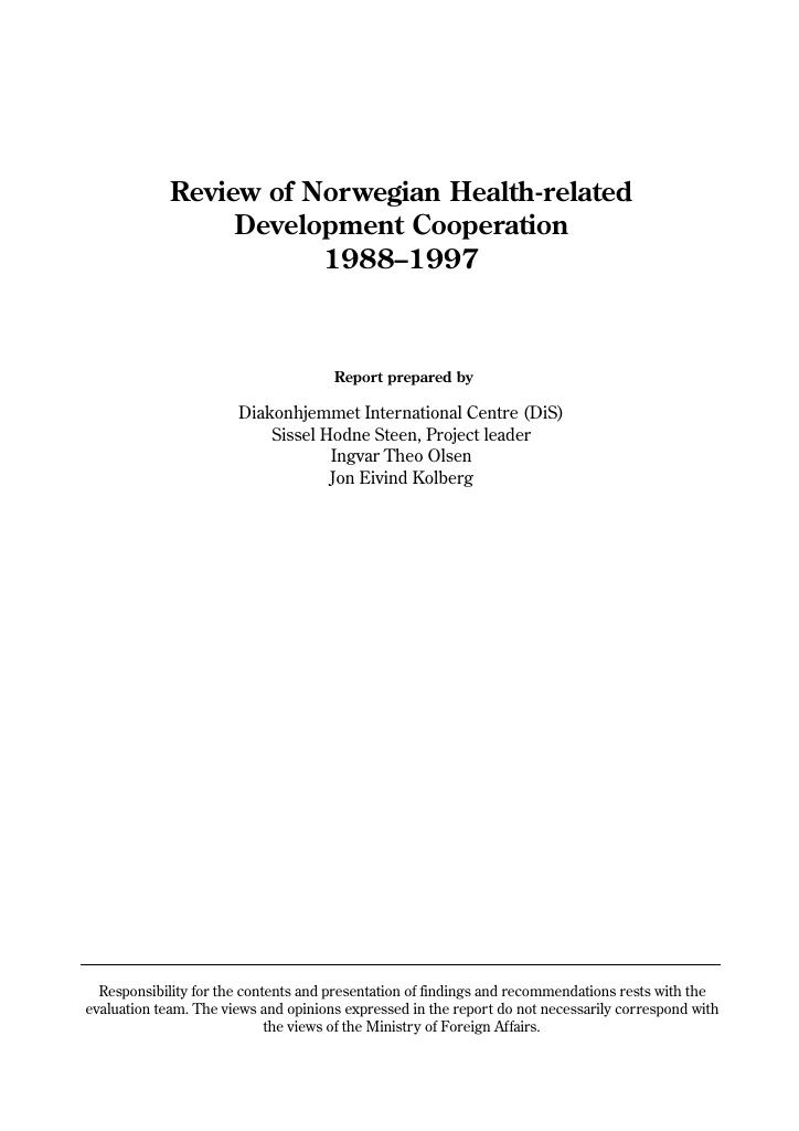 Forsiden av dokumentet Review of Norwegian Health-related Development Cooperation 1988-1997
