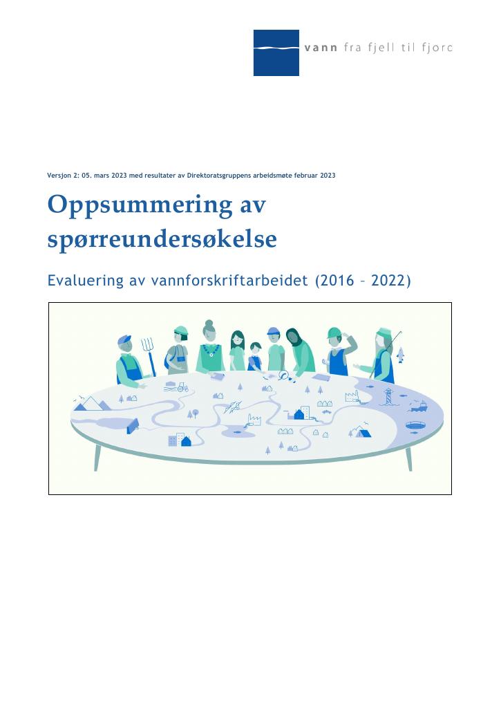 Forsiden av dokumentet Evaluering av vannforskriftsarbeidet (2016-2022) - Versjon 2: 05. mars 2023