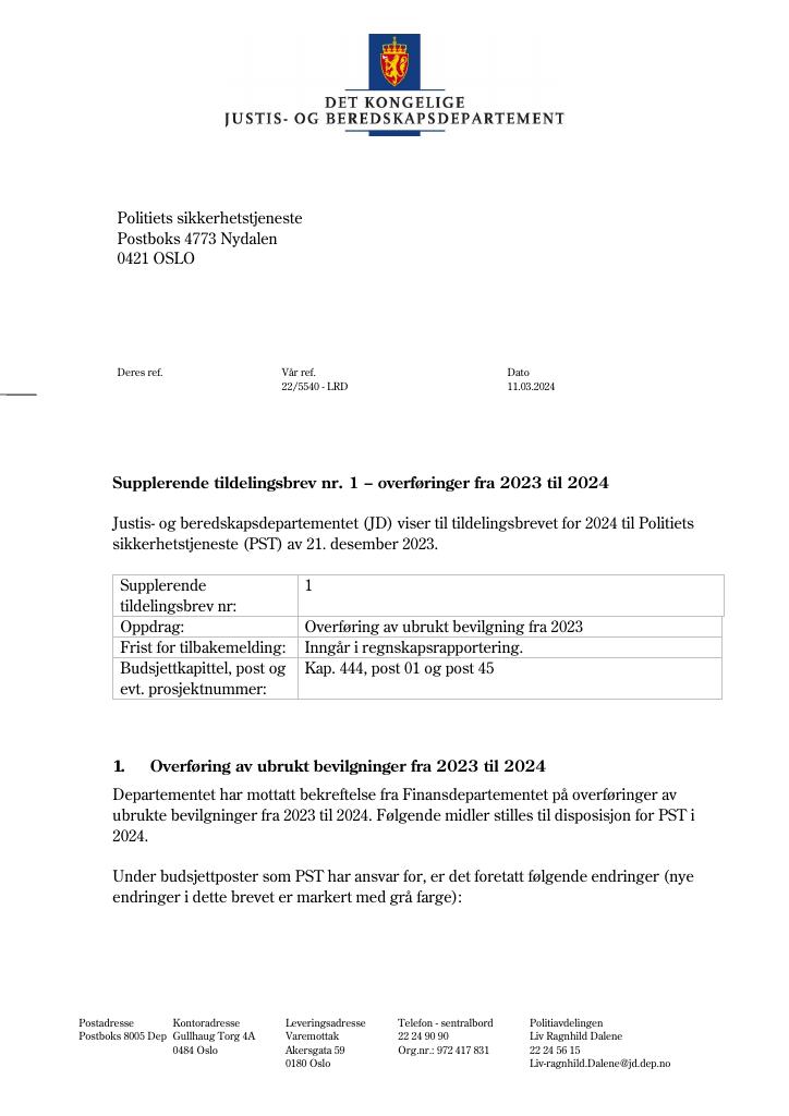 Forsiden av dokumentet Tildelingsbrev Politiets sikkerhetstjeneste 2024 - tillegg nr. 1
