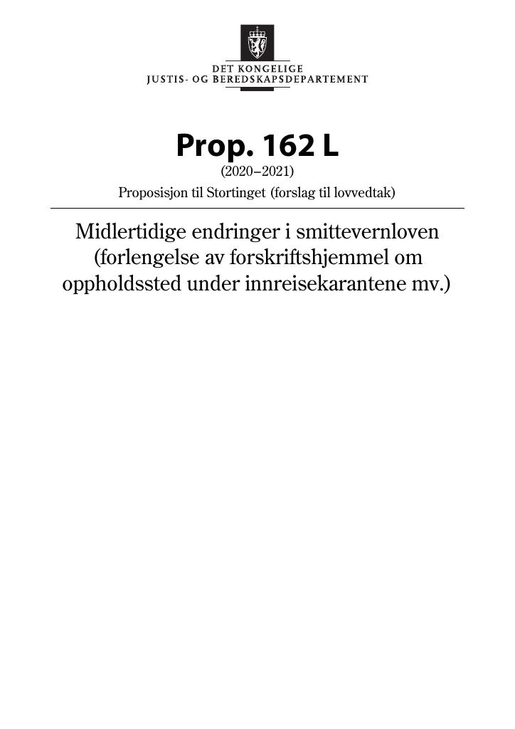 Forsiden av dokumentet Prop. 162 L (2020–2021)