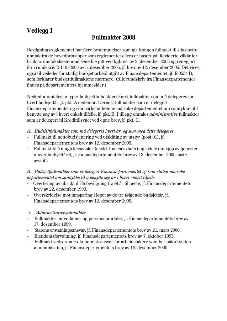 Forsiden av dokumentet Tildelingsbrev Kredittilsynet 2008 - vedlegg nr. 1