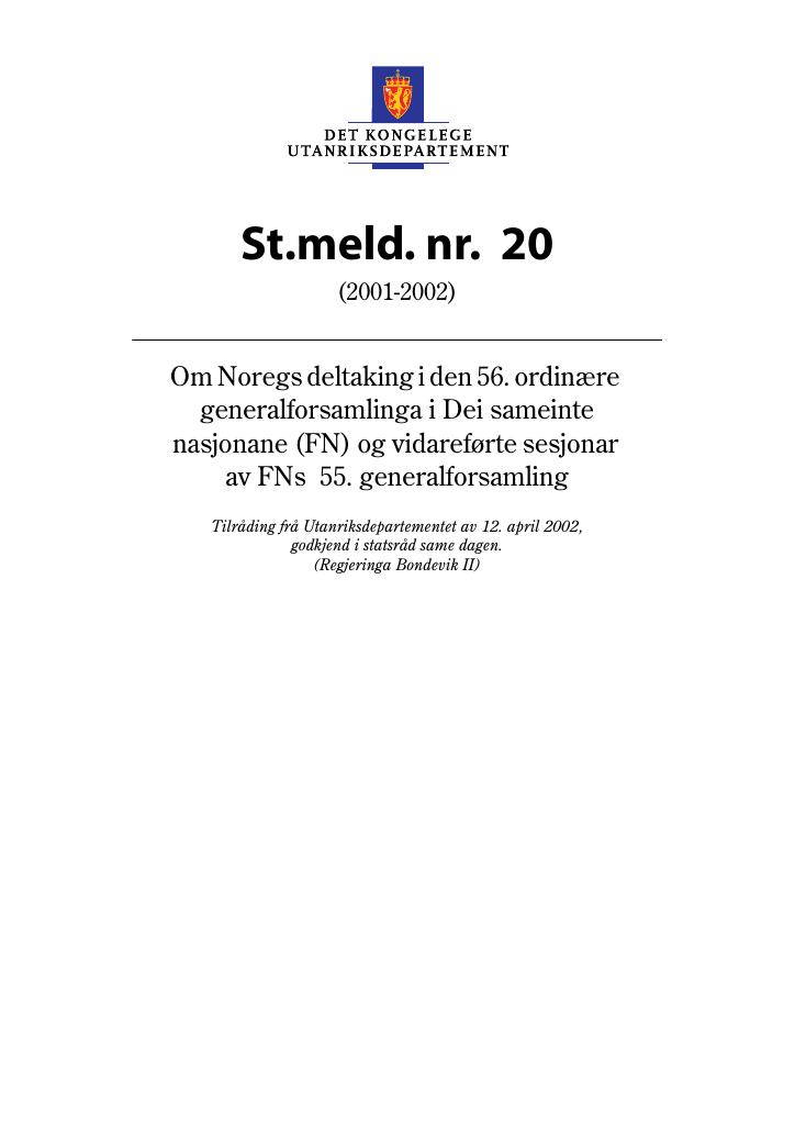 Forsiden av dokumentet St.meld. nr. 20 (2001-2002)