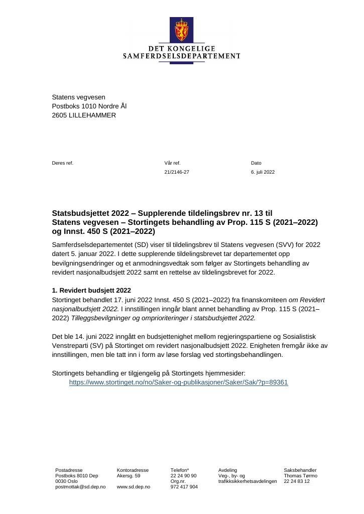 Forsiden av dokumentet Tildelingsbrev Statens vegvesen 2022- tillegg nr. 13