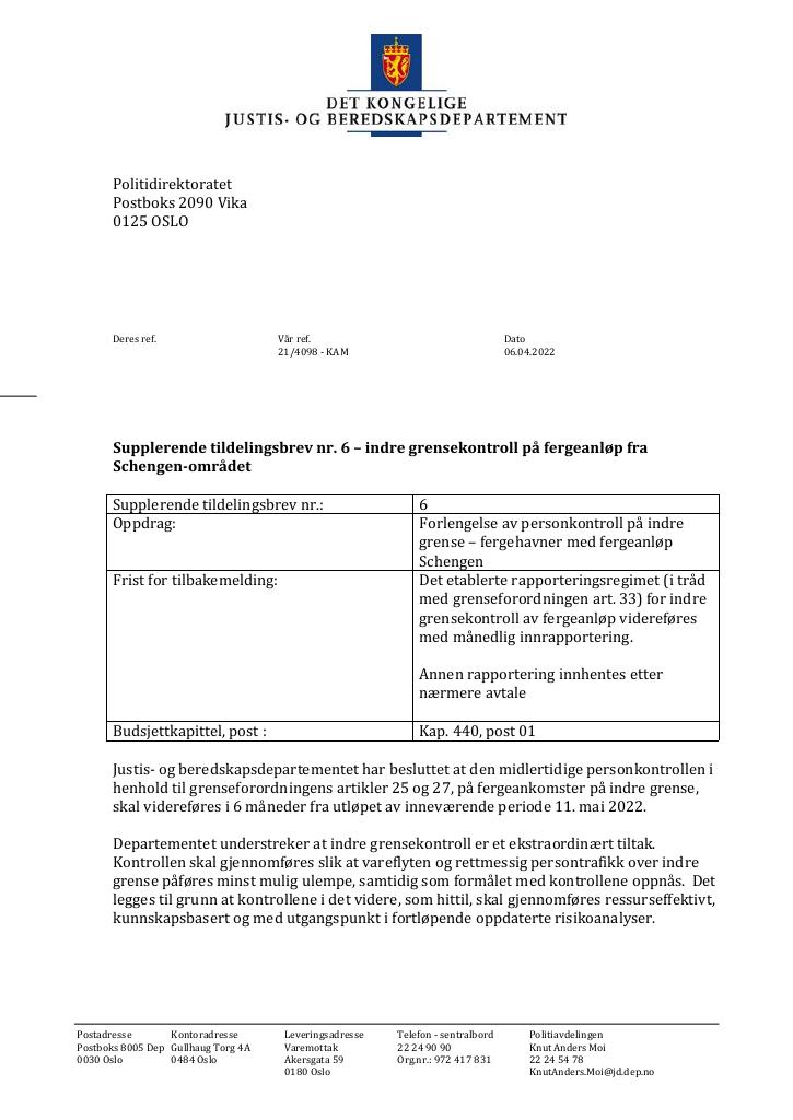 Forsiden av dokumentet Tildelingsbrev Politidirektoratet 2022 - tillegg nr. 6