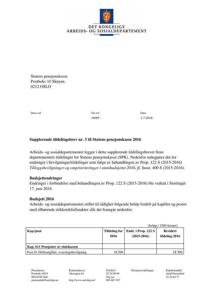 Forsiden av dokumentet Tildelingsbrev Statens pensjonskasse 2016 - tillegg nr. 3
