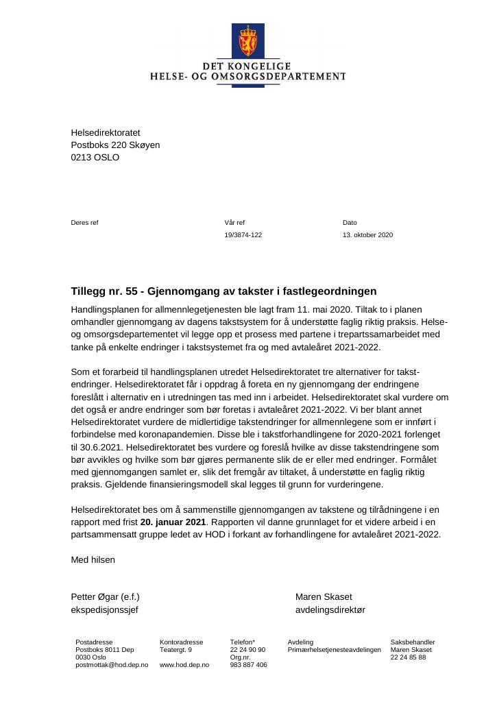 Forsiden av dokumentet Tildelingsbrev Helsedirektoratet 2020 - tillegg nr. 55