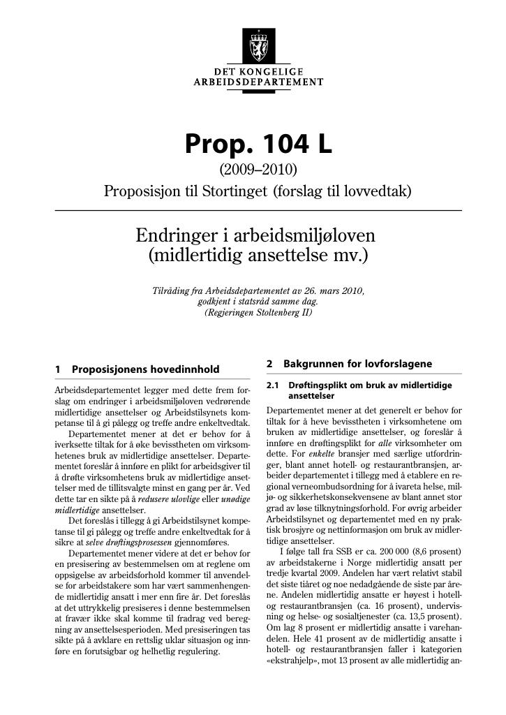 Forsiden av dokumentet Prop. 104 L (2009-2010)