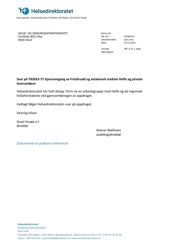 Forsiden av dokumentet Gjennomgang av Fristbrudd og avtaleverk mellom Helfo og private
