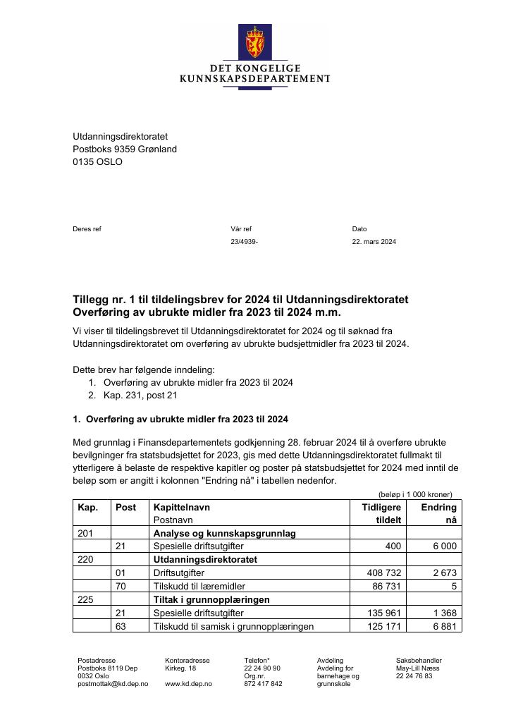 Forsiden av dokumentet Tildelingsbrev Utdanningsdirektoratet 2024. - tillegg