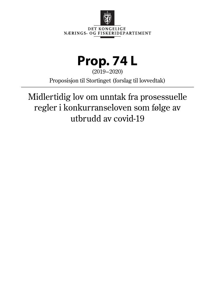 Forsiden av dokumentet Prop. 74 L (2019–2020)