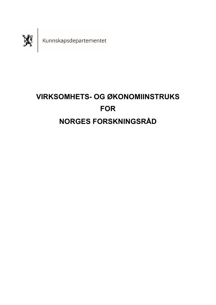 Forsiden av dokumentet Virksomhets- og økonomiinstruks Norges forskningsråd