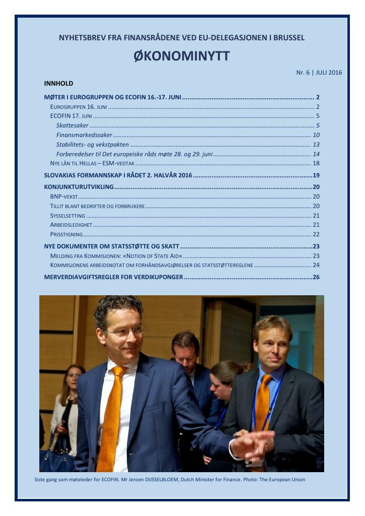 Forsiden av dokumentet Økonominytt fra EU-delegasjonen, juli 2016