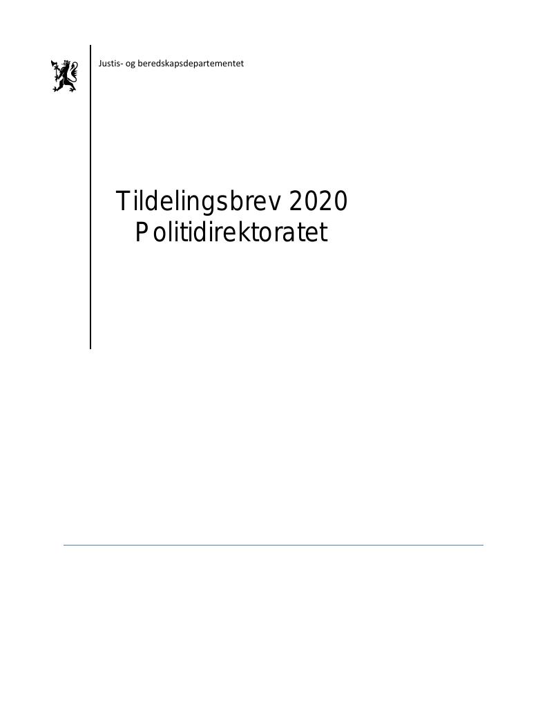 Forsiden av dokumentet Tildelingsbrev Politidirektoratet 2020