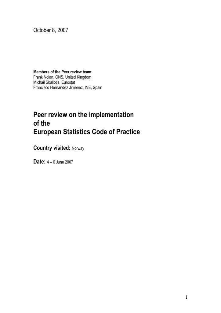 Forsiden av dokumentet Peer review of the implementation of the European Statistics Code of Practice - country visited: Norway 